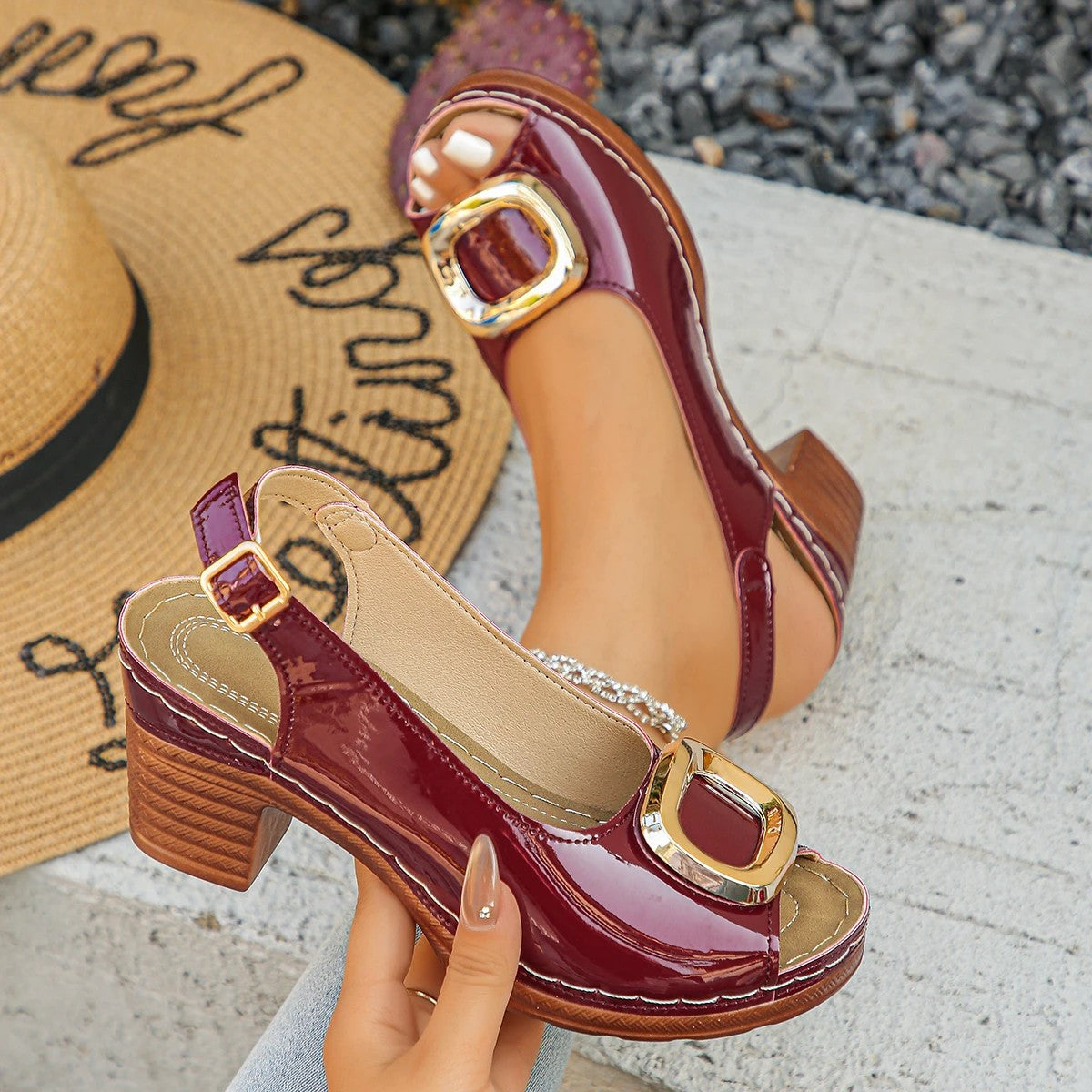 Nantes Leather Block Heel Sandals - Merlot Red