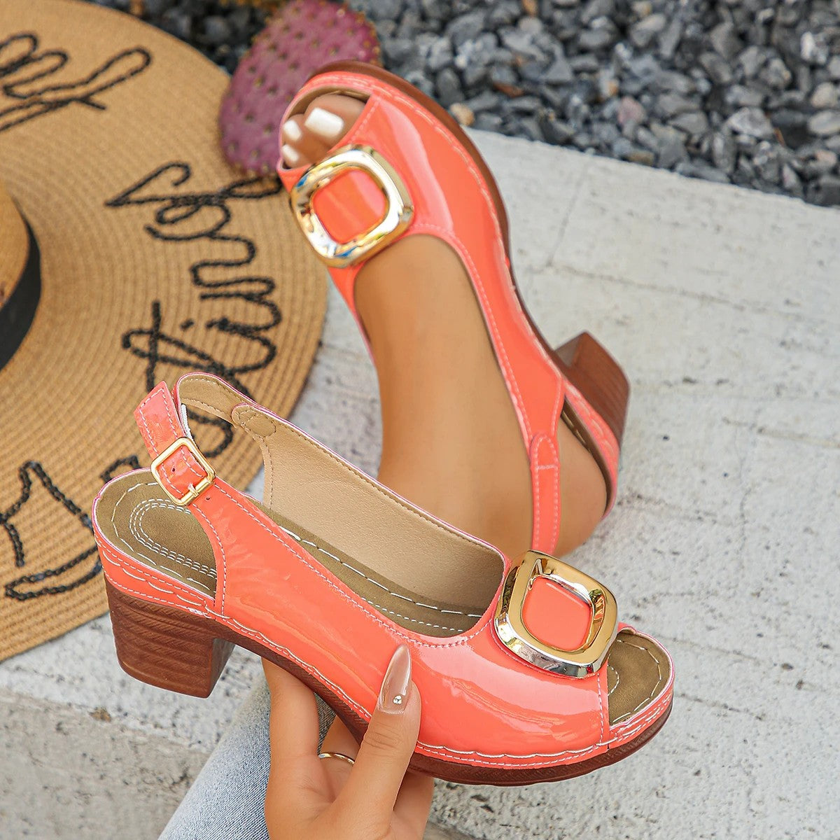 Nantes Leather Block Heel Sandals - Terracotta Orange
