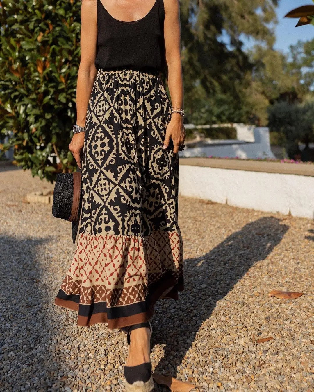 Solstice Printed Midi Skirt - Black