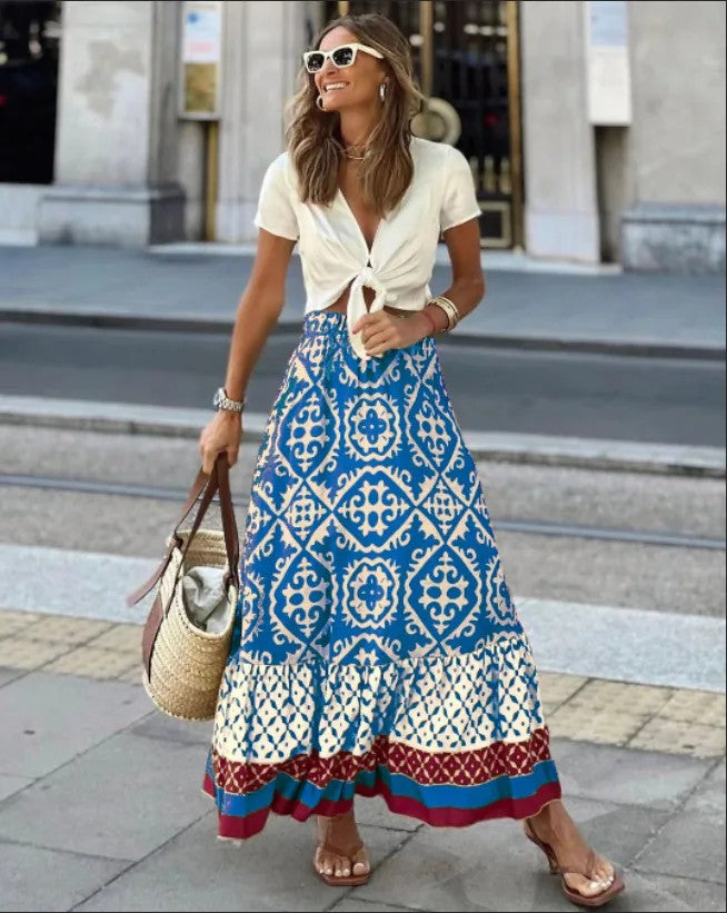 Solstice Printed Midi Skirt - Sky Blue