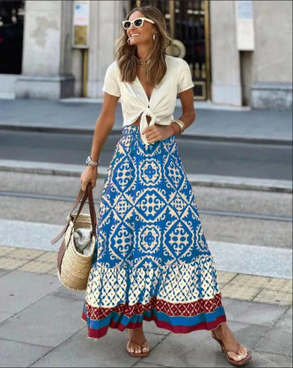 Solstice Printed Midi Skirt - Sky Blue