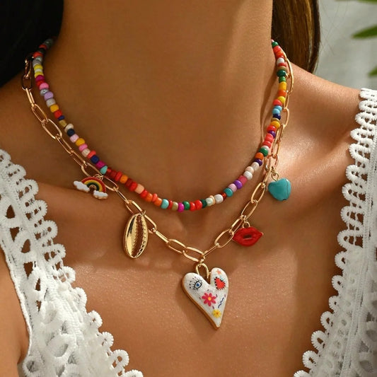 Solana Beaded Charm Necklace - Colorful Beaded Heart