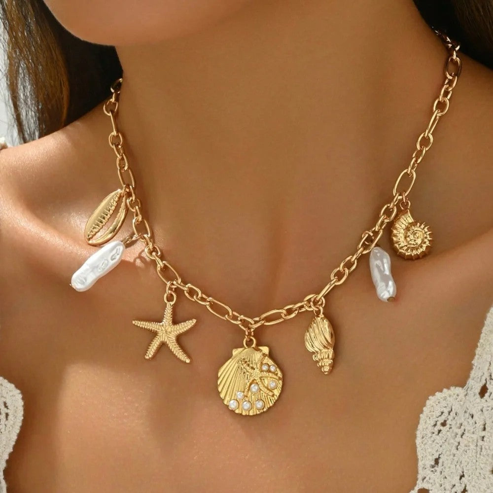 Solana Beaded Charm Necklace - Gold Pearl Shell
