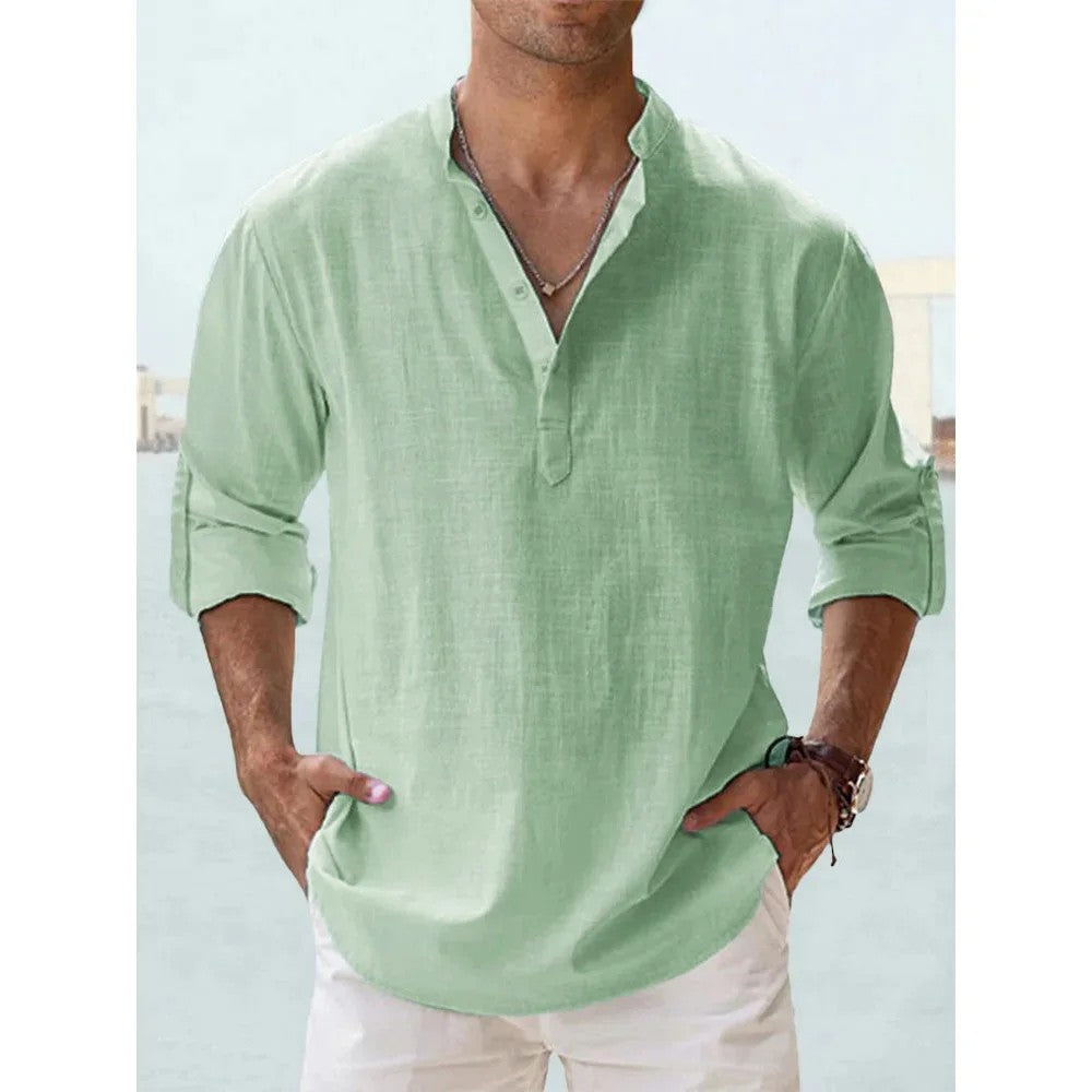 Solana Cotton Linen Henley Shirt - Sage