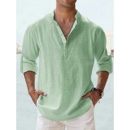 Solana Cotton Linen Henley Shirt - Sage