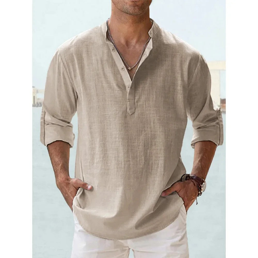 Solana Cotton Linen Henley Shirt - Sand