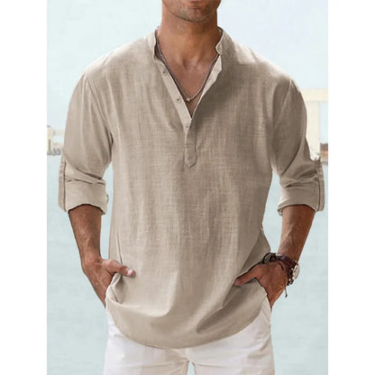 Solana Cotton Linen Henley Shirt - Sand