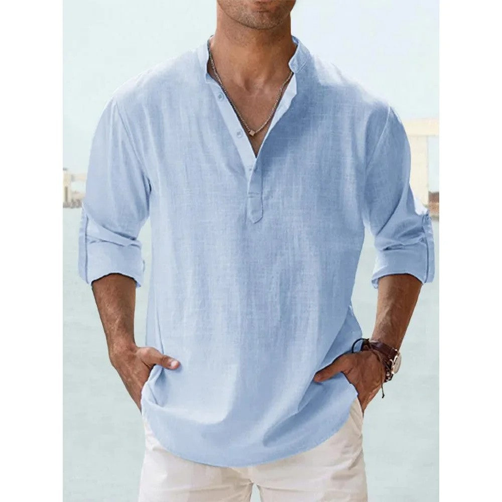 Solana Cotton Linen Henley Shirt - Azure