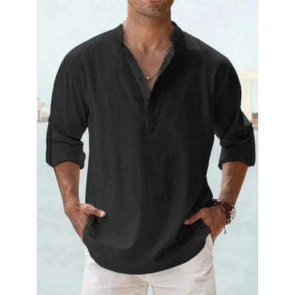 Solana Cotton Linen Henley Shirt - Black