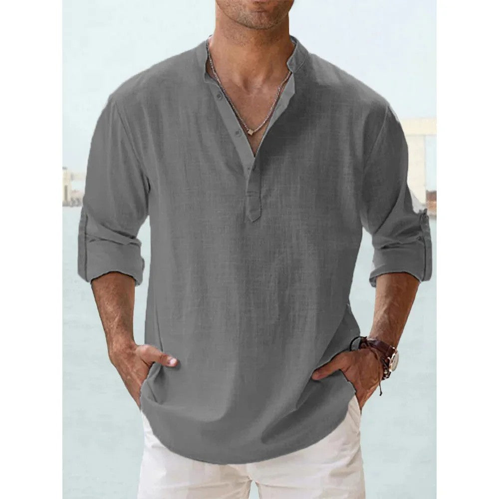 Solana Cotton Linen Henley Shirt - Slate
