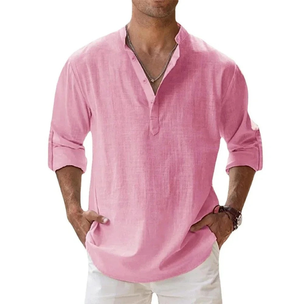 Solana Cotton Linen Henley Shirt - Rose