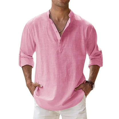 Solana Cotton Linen Henley Shirt - Rose