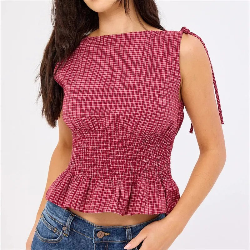 Solana Gingham Shirred Top