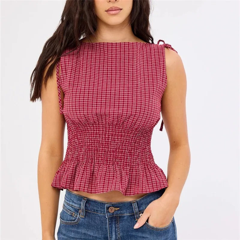 Solana Gingham Shirred Top - Berry Gingham