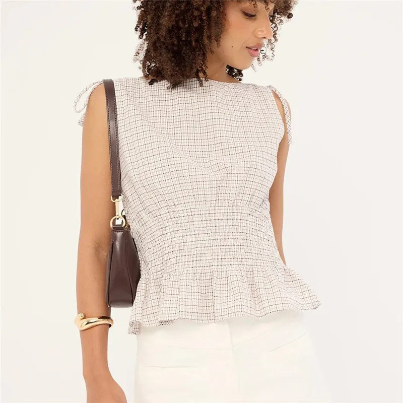 Solana Gingham Shirred Top - Ecru Gingham