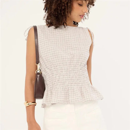 Solana Gingham Shirred Top - Ecru Gingham
