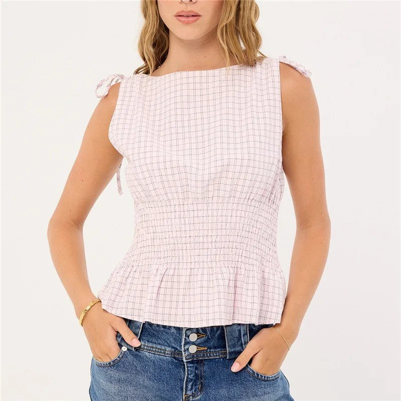 Solana Gingham Shirred Top - Petal Pink Gingham