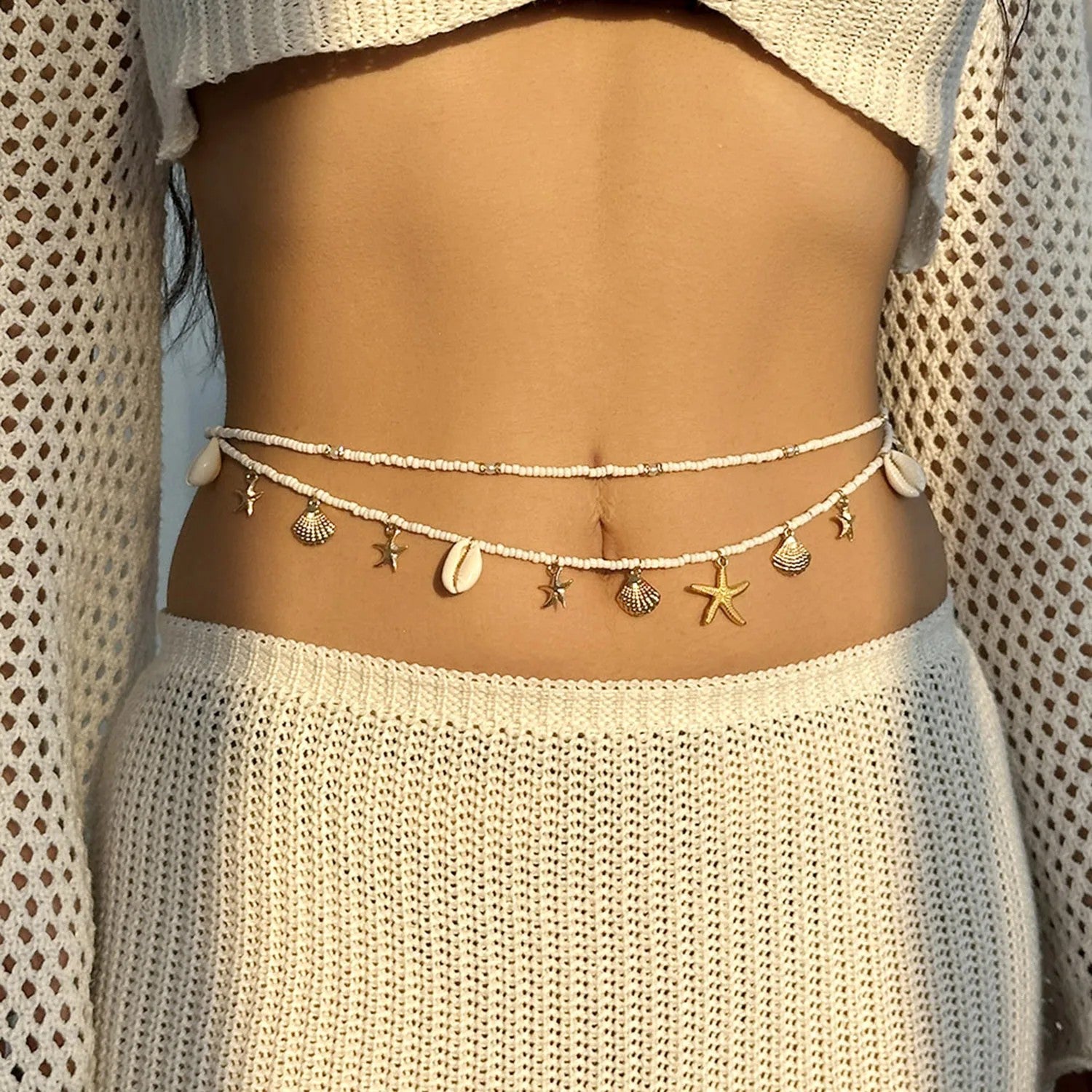 Solana Layered Belly Chain - White Beaded Gold Charm