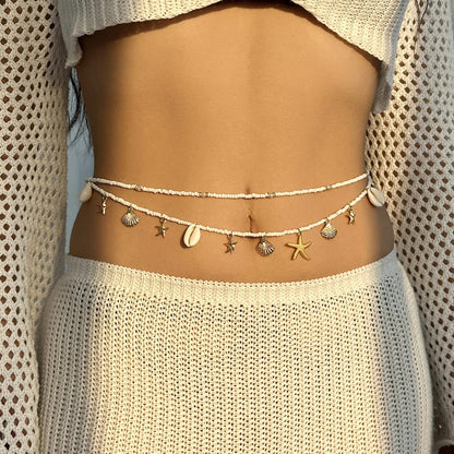 Solana Layered Belly Chain - White Beaded Gold Charm