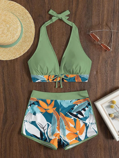 Solara Printed Halter Bikini - Sage Green