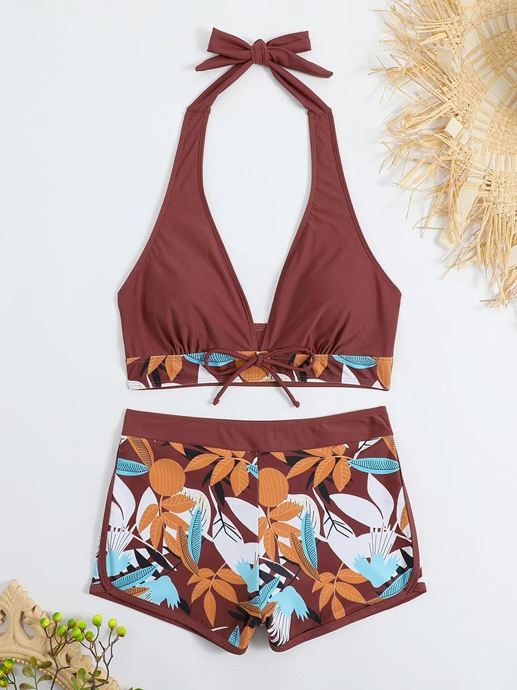 Solara Printed Halter Bikini - Terracotta