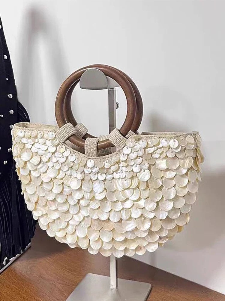 Opatija Shell Beaded Crossbody Bag - Beige