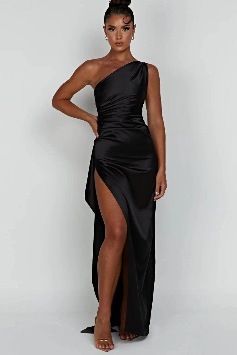 Ophelia One-Shoulder Satin Gown - Black