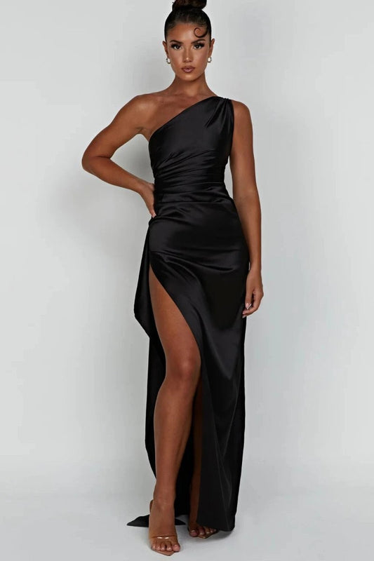 Ophelia One-Shoulder Satin Gown - Black