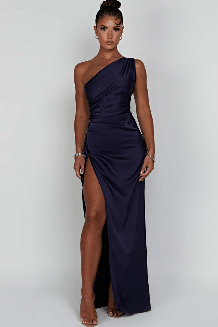 Ophelia One-Shoulder Satin Gown - Navy