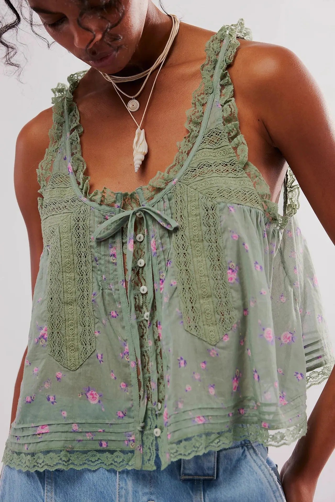 Sorano Cotton Lace Tank - Forest Bloom