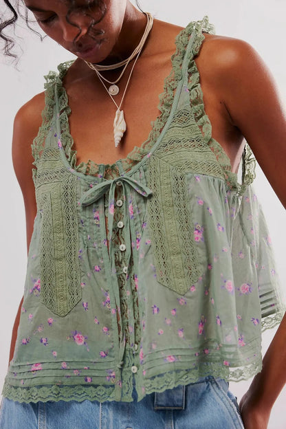 Sorano Cotton Lace Tank - Forest Bloom