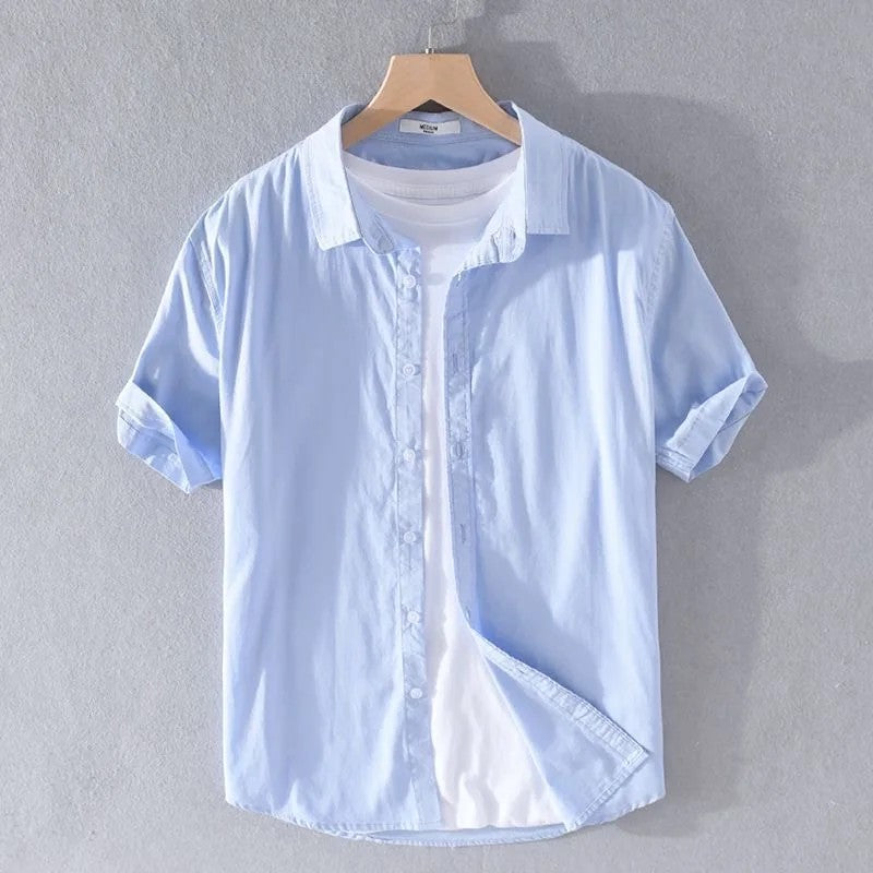 Sorrento Cotton Linen Short-Sleeve Shirt - Sky Blue