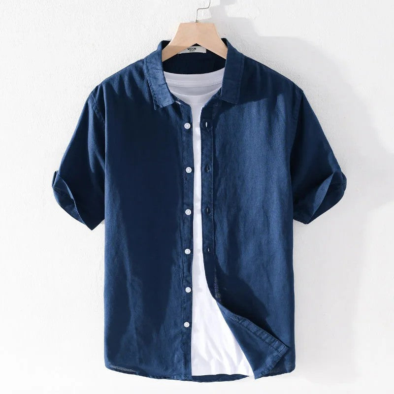 Sorrento Cotton Linen Short-Sleeve Shirt - Navy