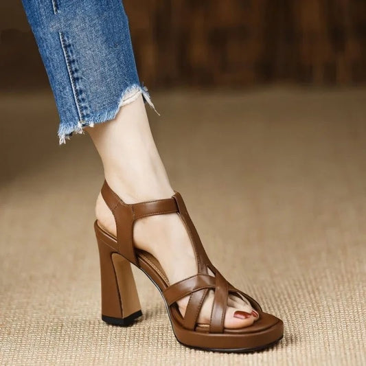 Orvieto Sheepskin Platform Sandals - Cognac Brown