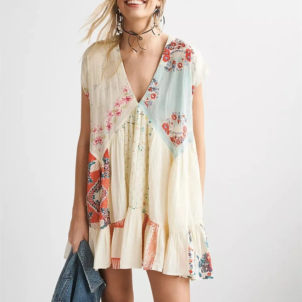 Paloma Patchwork Mini Dress - Ivory Patchwork