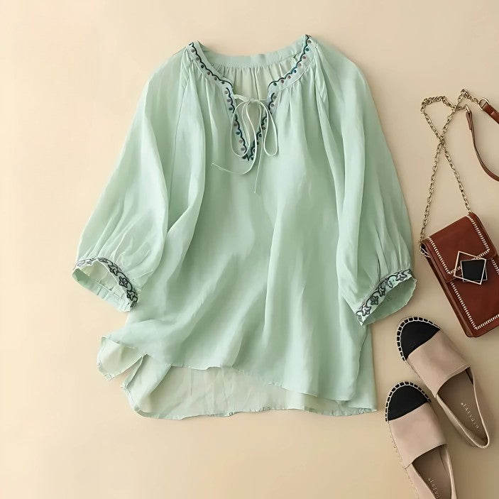 Pescara Embroidered Cotton Top - Sage