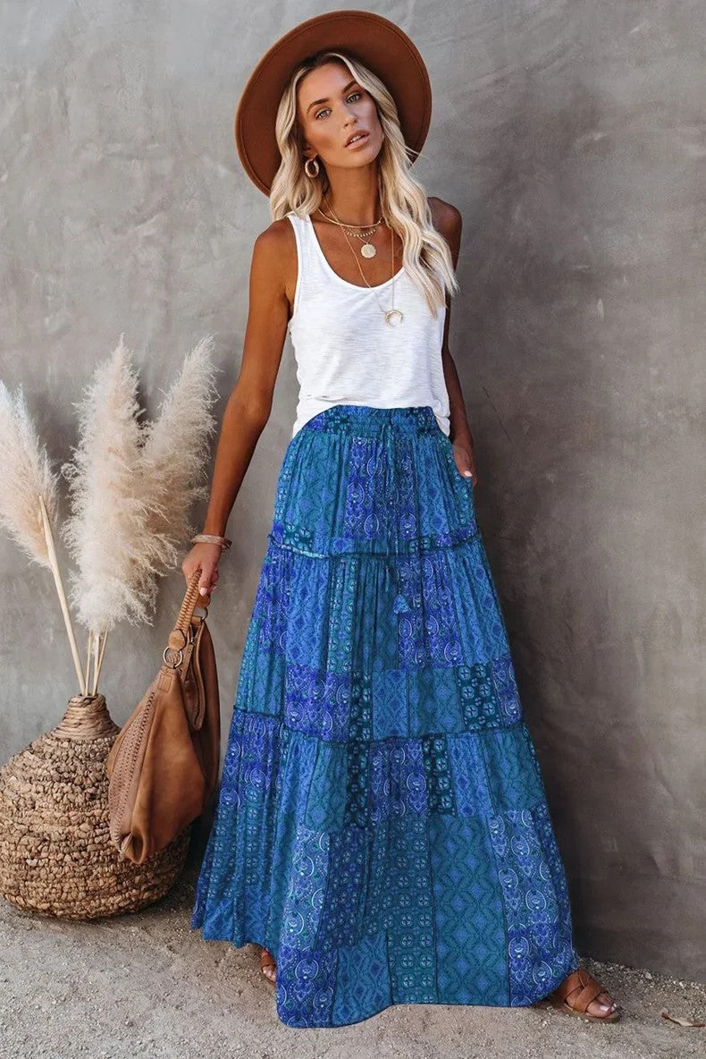 Perugia Tiered Maxi Skirt - Indigo Medallion