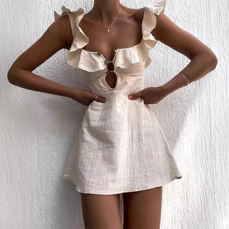 Porec Ruffle Cotton Linen Mini Dress - Beige