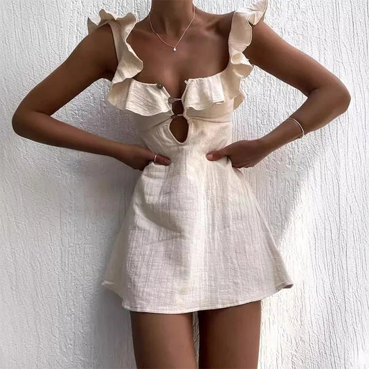 Porec Ruffle Cotton Linen Mini Dress - Beige