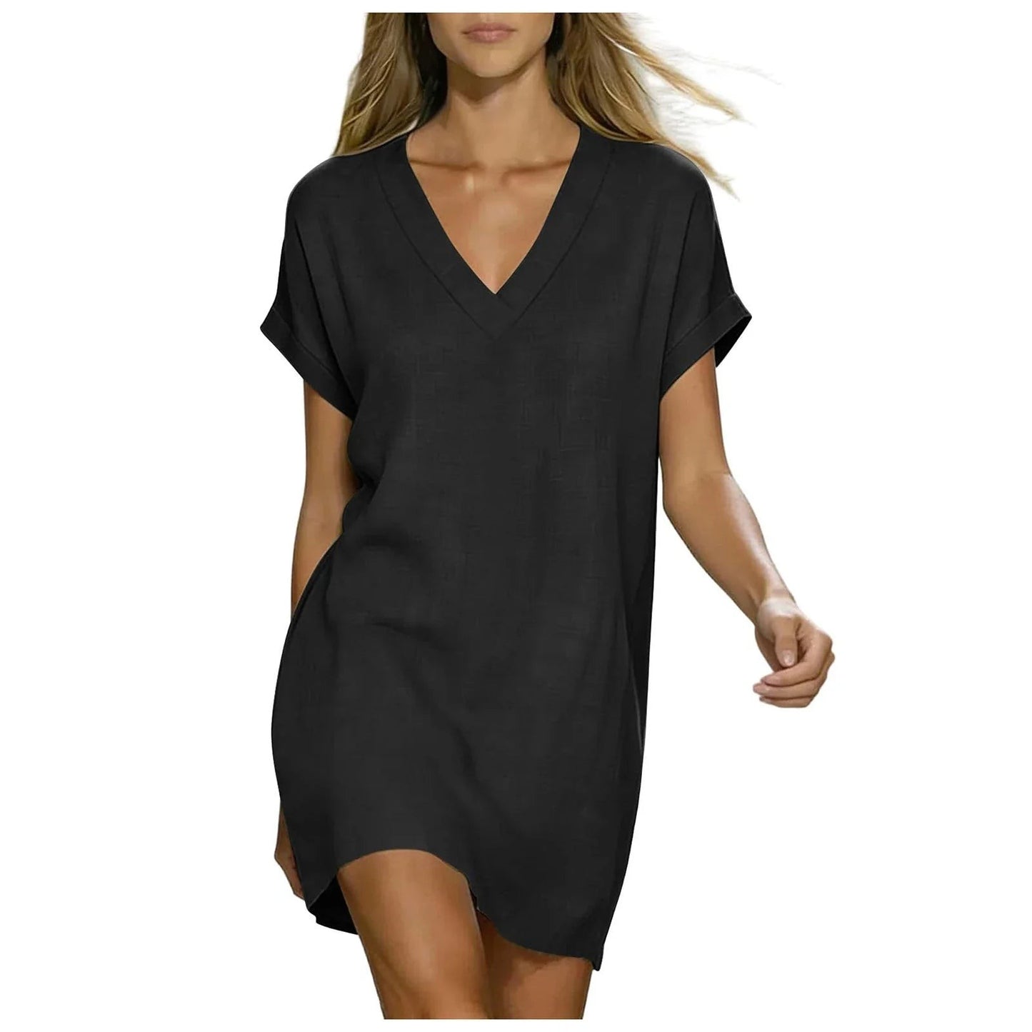 Provence V-Neck Linen Shirt Dress - Obsidian Black