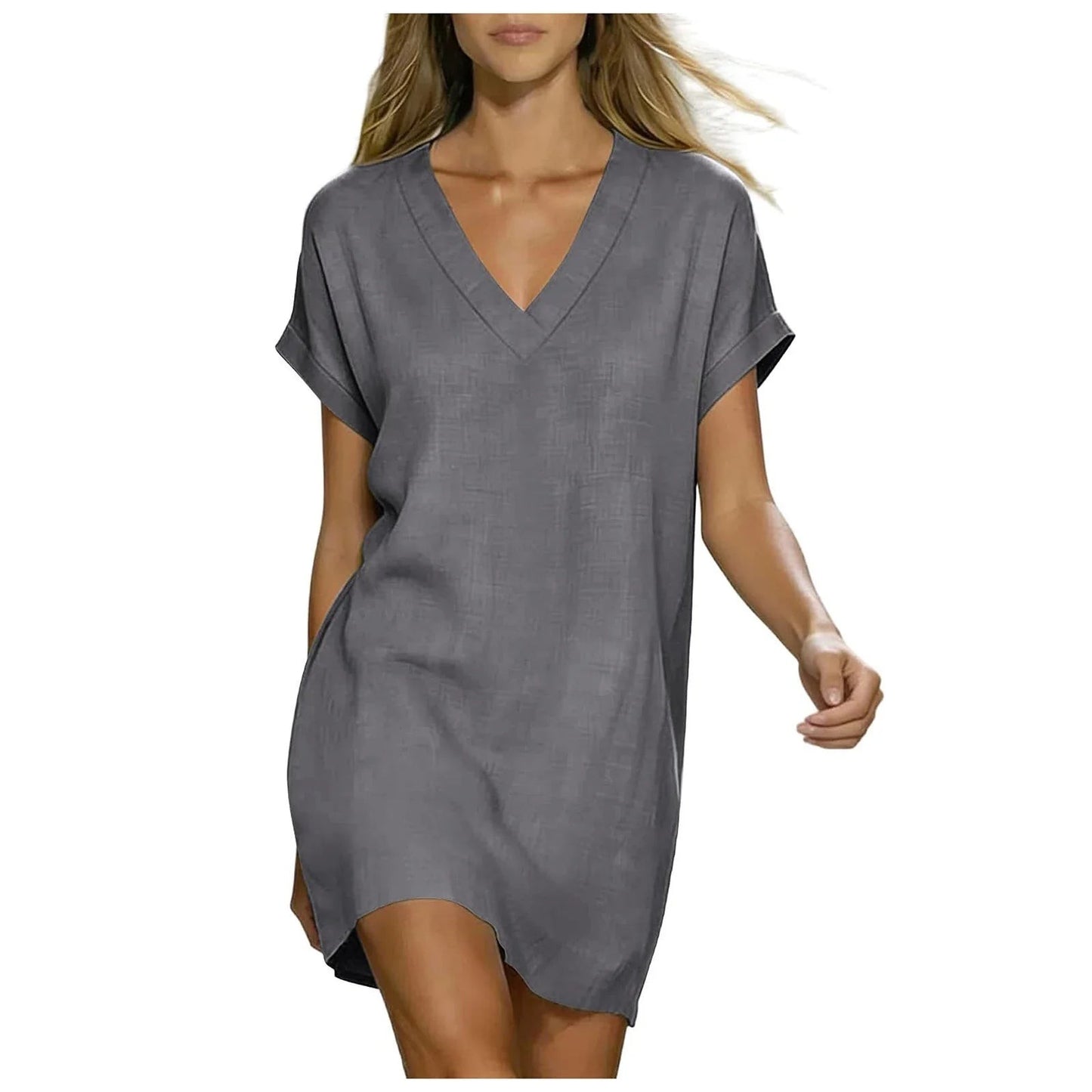 Provence V-Neck Linen Shirt Dress - Stone Grey