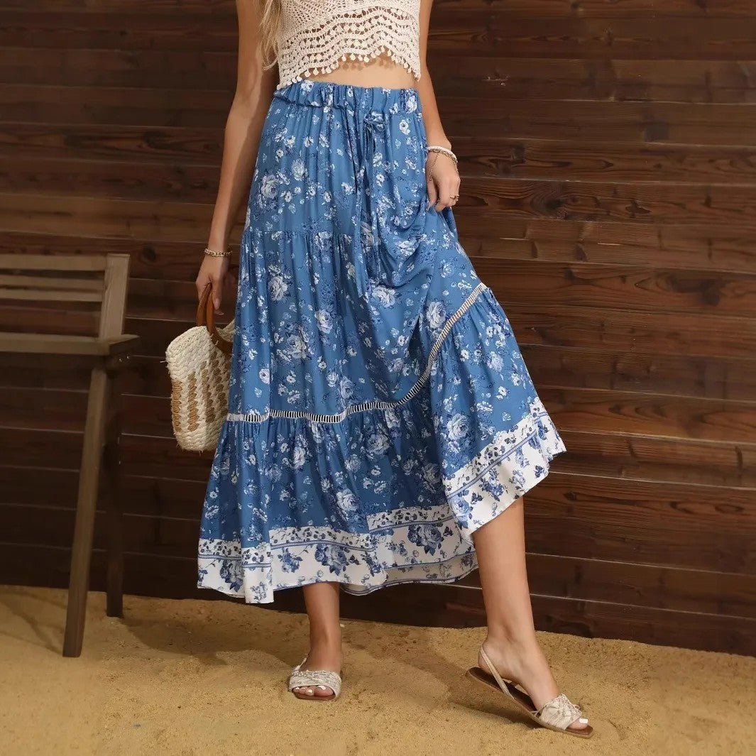 Ravello Floral Rayon Cotton Maxi Skirt - Sky Blue Floral
