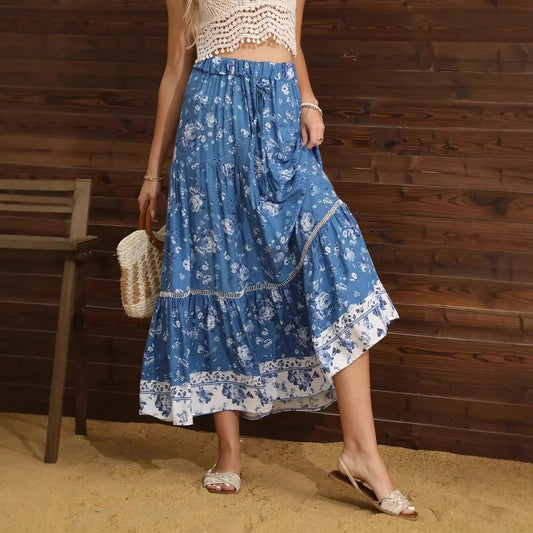 Ravello Floral Rayon Cotton Maxi Skirt - Sky Blue Floral