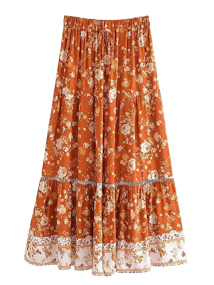 Ravello Floral Rayon Cotton Maxi Skirt - Rust Floral