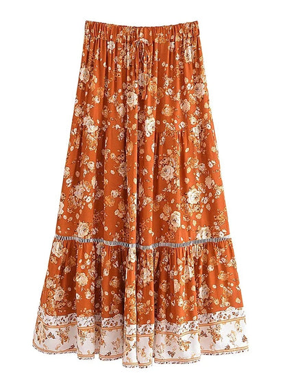 Ravello Floral Rayon Cotton Maxi Skirt - Rust Floral