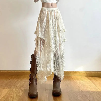 Rila Lace Asymmetrical Skirt - Beige