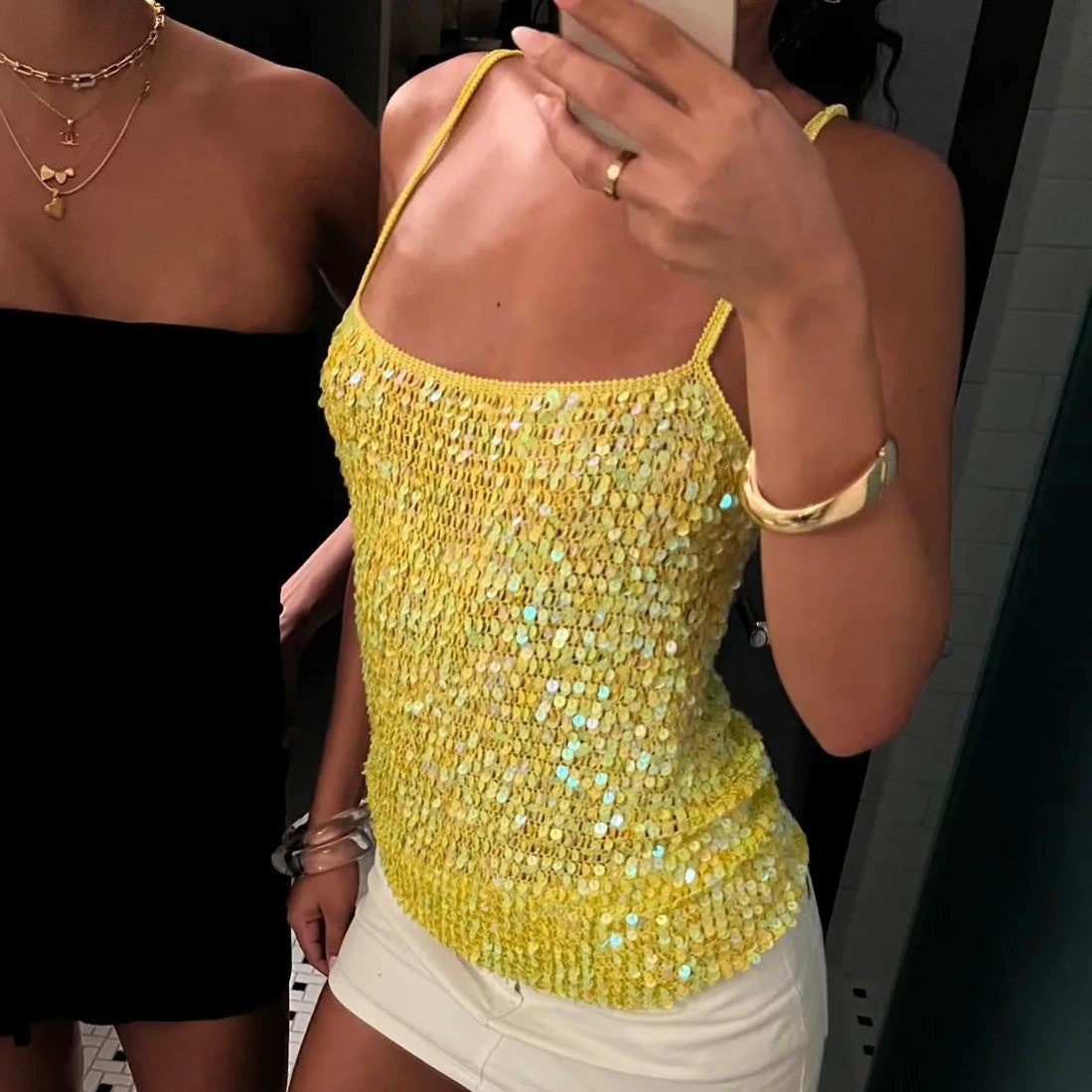 Rina Sequin Crochet Cami - Glow Yellow