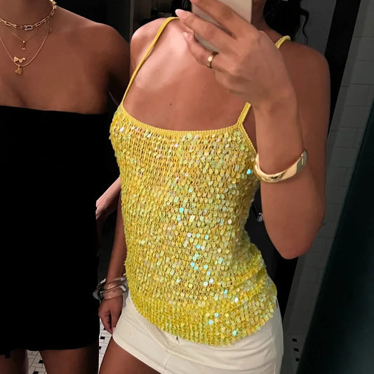 Rina Sequin Crochet Cami - Glow Yellow
