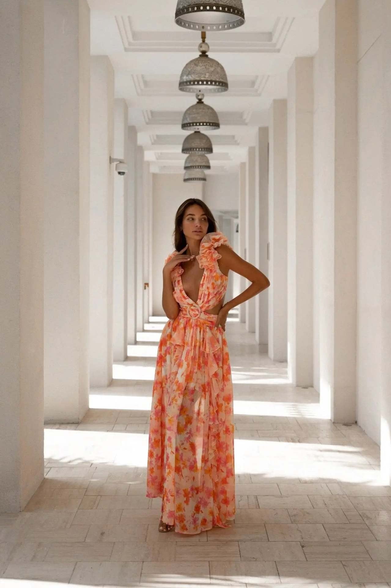 Riviera Floral Maxi Dress - Coral Bloom