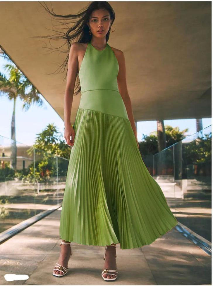 Riviera Pleated Halter Dress - Pistachio